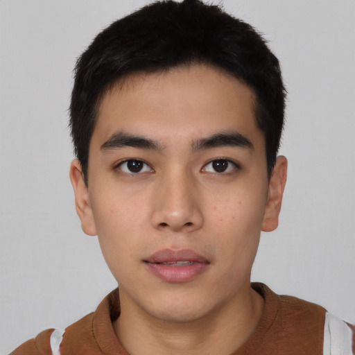 Neutral asian young-adult male with short  black hair and brown eyes