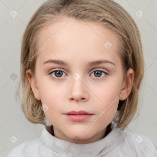 Neutral white child female with medium  brown hair and blue eyes