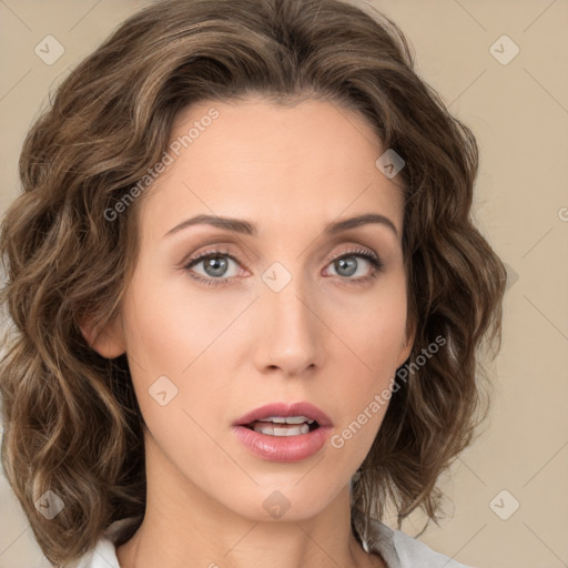 Neutral white young-adult female with medium  brown hair and green eyes