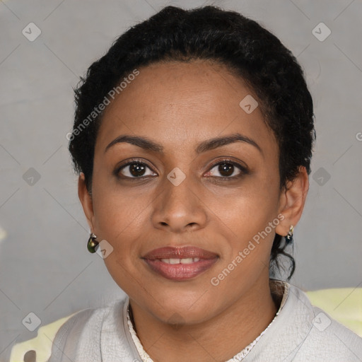 Joyful latino young-adult female with short  black hair and brown eyes