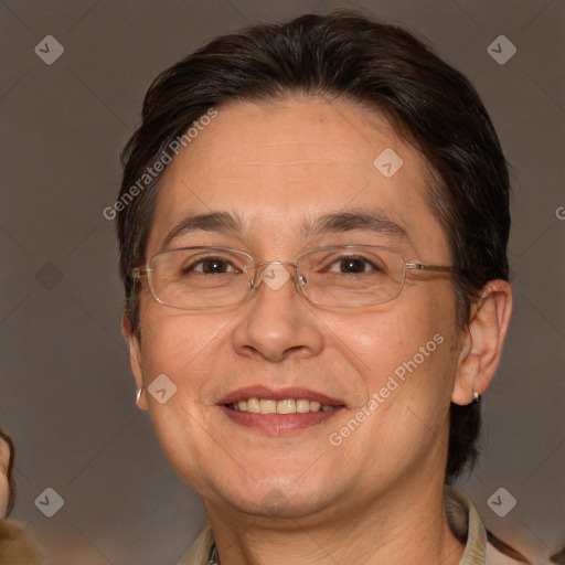 Joyful white middle-aged male with medium  brown hair and brown eyes