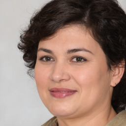 Joyful white adult female with medium  brown hair and brown eyes