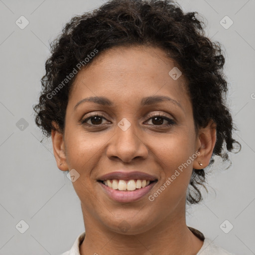 Joyful latino young-adult female with short  brown hair and brown eyes