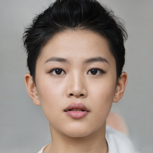 Neutral asian young-adult female with short  black hair and brown eyes