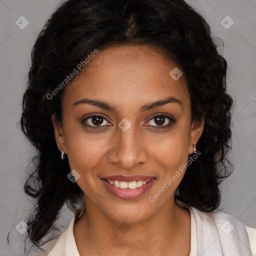 Joyful black young-adult female with medium  brown hair and brown eyes