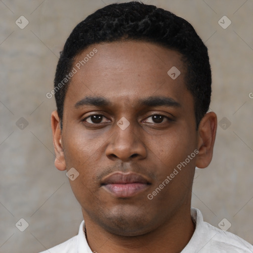 Neutral black young-adult male with short  black hair and brown eyes