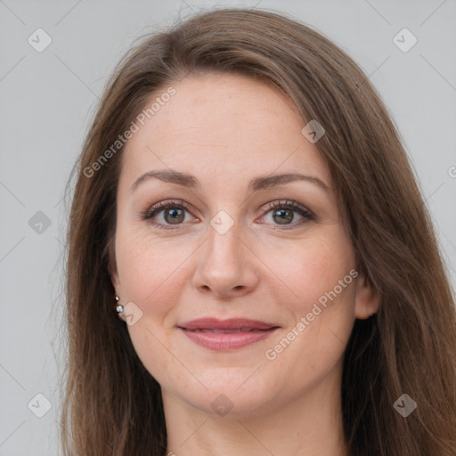 Joyful white young-adult female with long  brown hair and grey eyes