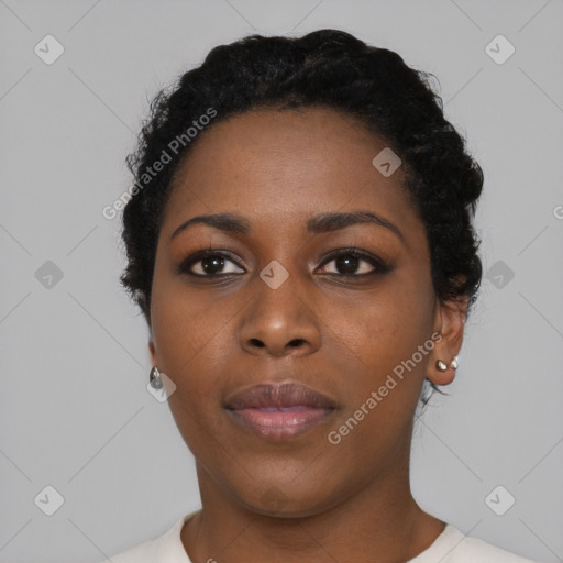 Neutral black young-adult female with short  black hair and brown eyes