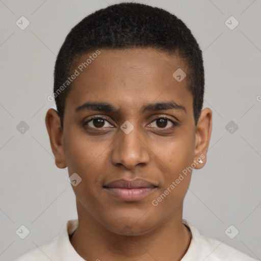 Joyful black young-adult male with short  brown hair and brown eyes