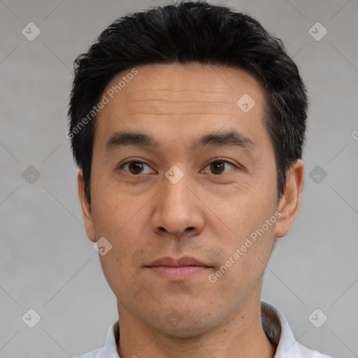 Neutral asian adult male with short  black hair and brown eyes