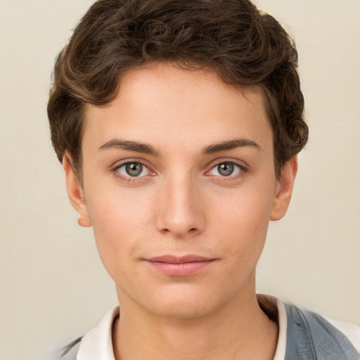 Neutral white young-adult female with short  brown hair and brown eyes