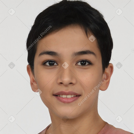 Joyful asian young-adult female with short  black hair and brown eyes