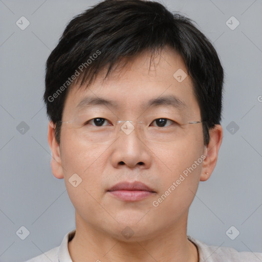 Neutral asian young-adult male with short  brown hair and brown eyes