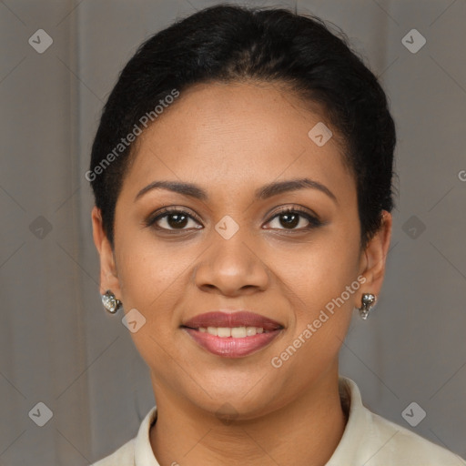 Joyful latino young-adult female with short  brown hair and brown eyes