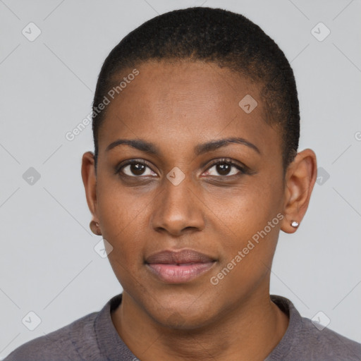 Neutral black young-adult female with short  black hair and brown eyes