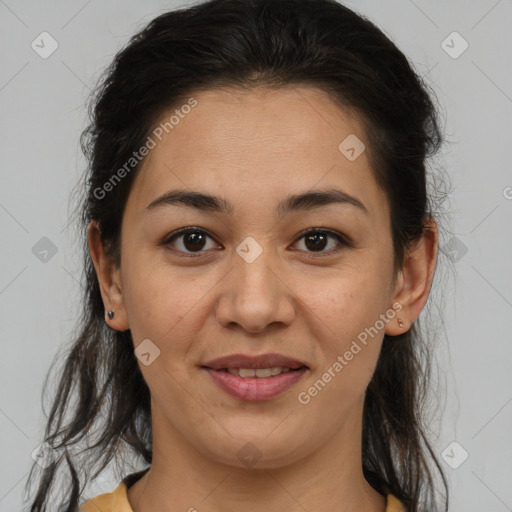 Joyful latino young-adult female with medium  brown hair and brown eyes