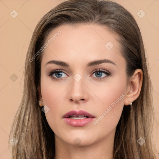 Neutral white young-adult female with long  brown hair and brown eyes