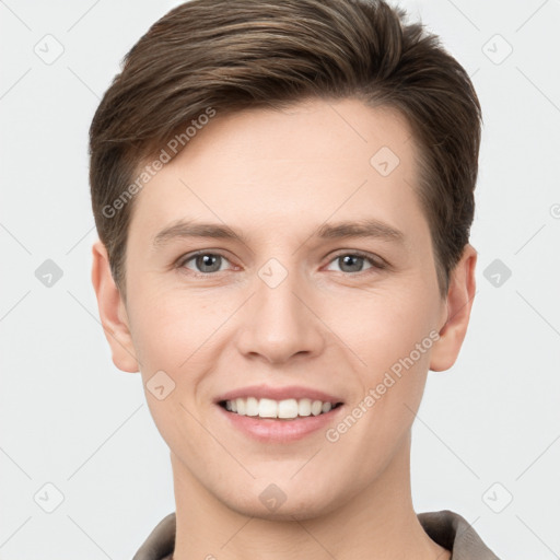 Joyful white young-adult female with short  brown hair and grey eyes