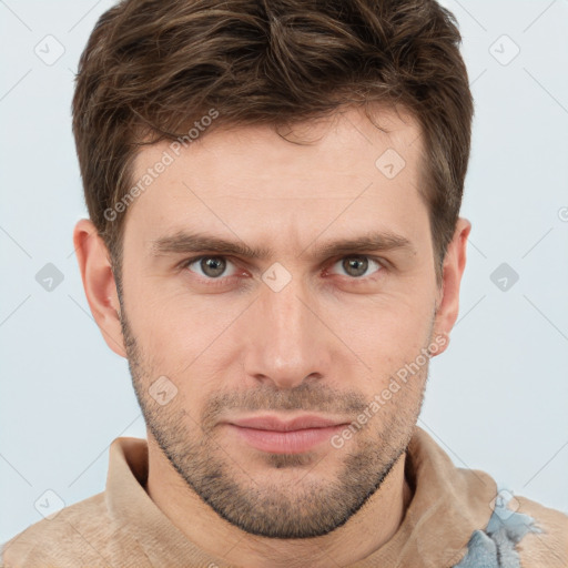 Neutral white young-adult male with short  brown hair and brown eyes