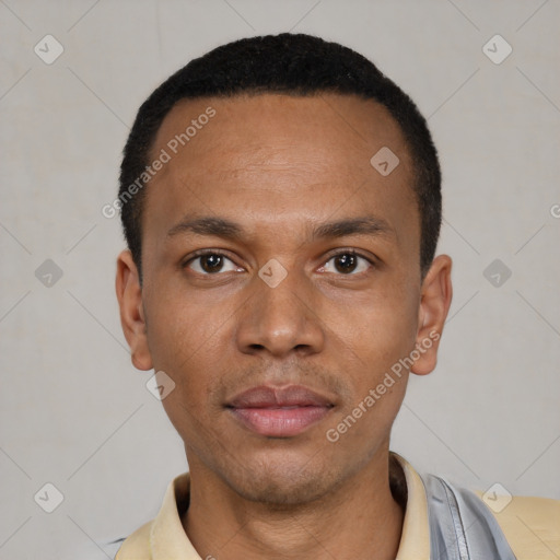 Neutral latino young-adult male with short  black hair and brown eyes