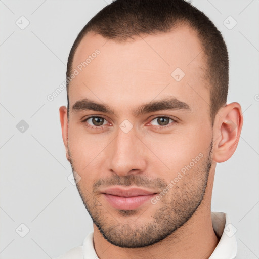 Neutral white young-adult male with short  brown hair and brown eyes