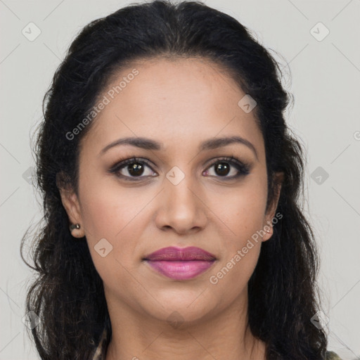 Joyful latino young-adult female with long  brown hair and brown eyes