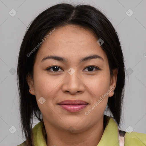 Joyful latino young-adult female with medium  brown hair and brown eyes