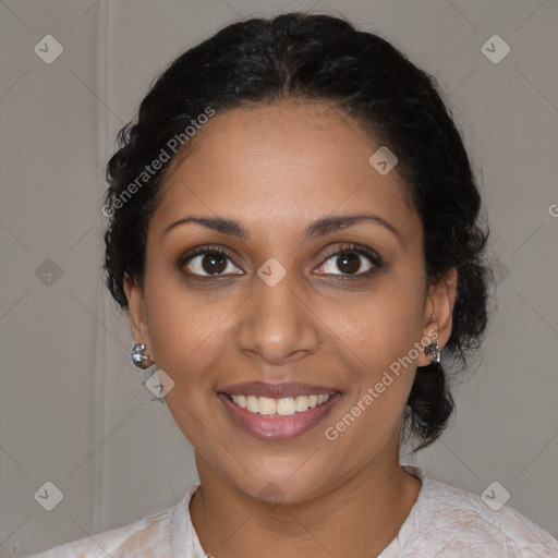 Joyful black young-adult female with medium  black hair and brown eyes