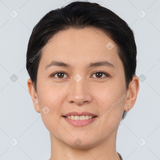 Joyful white young-adult female with short  brown hair and brown eyes