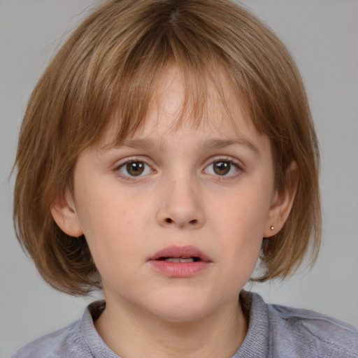 Neutral white child female with medium  brown hair and grey eyes