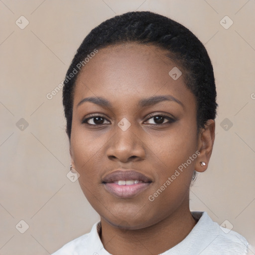 Neutral black young-adult female with short  black hair and brown eyes
