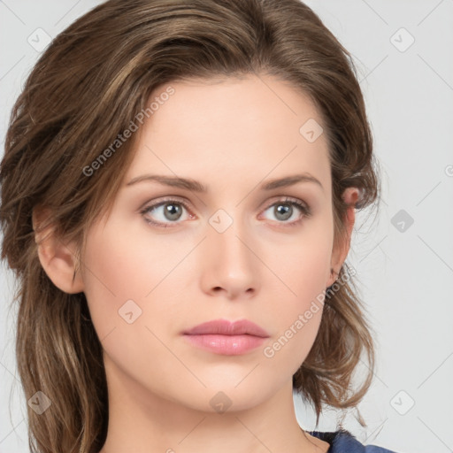 Neutral white young-adult female with medium  brown hair and grey eyes