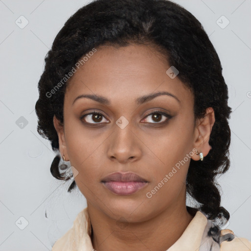 Neutral latino young-adult female with medium  brown hair and brown eyes