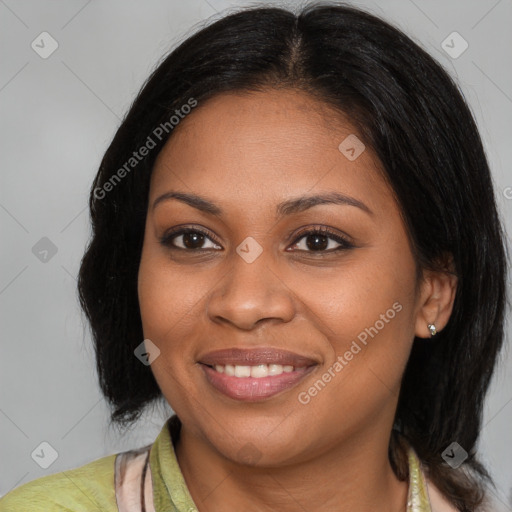 Joyful black young-adult female with medium  brown hair and brown eyes