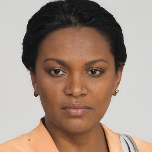 Neutral black young-adult female with short  black hair and brown eyes