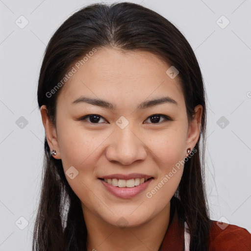 Joyful white young-adult female with long  brown hair and brown eyes