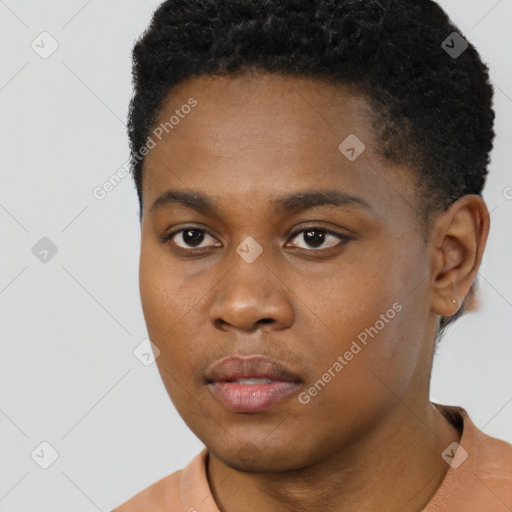 Neutral black young-adult male with short  black hair and brown eyes