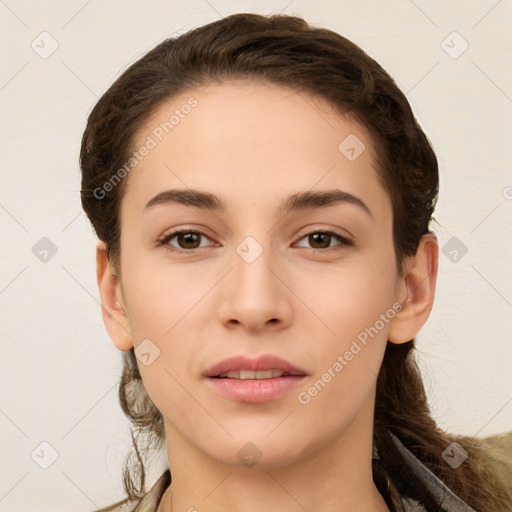 Neutral white young-adult female with long  brown hair and brown eyes