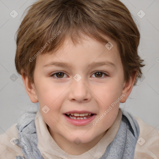 Joyful white child female with medium  brown hair and brown eyes