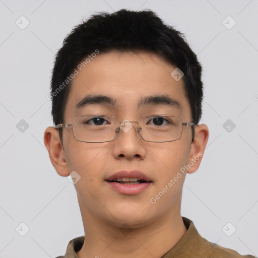Neutral asian young-adult male with short  brown hair and brown eyes