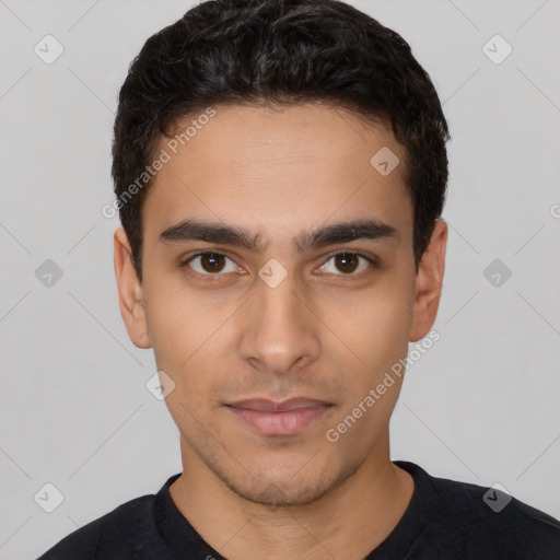 Neutral latino young-adult male with short  black hair and brown eyes