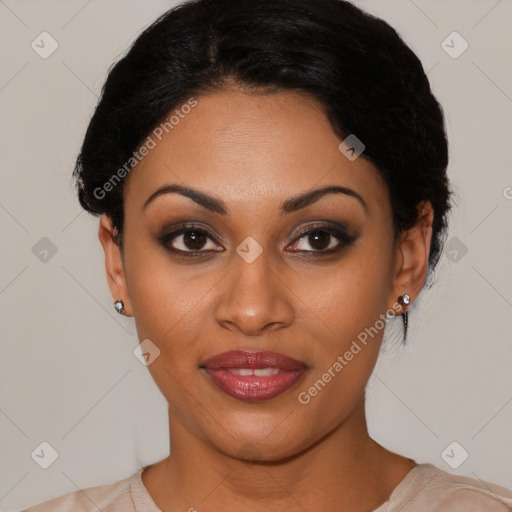 Joyful latino young-adult female with short  black hair and brown eyes