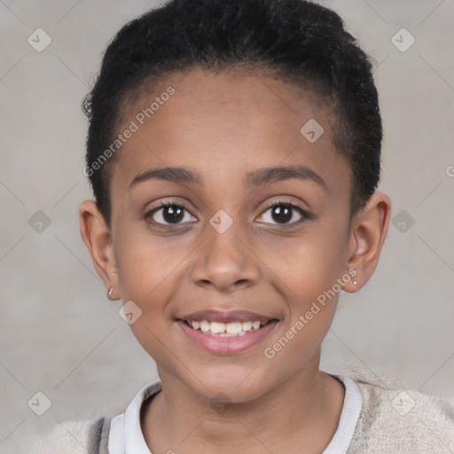 Joyful white child female with short  brown hair and brown eyes