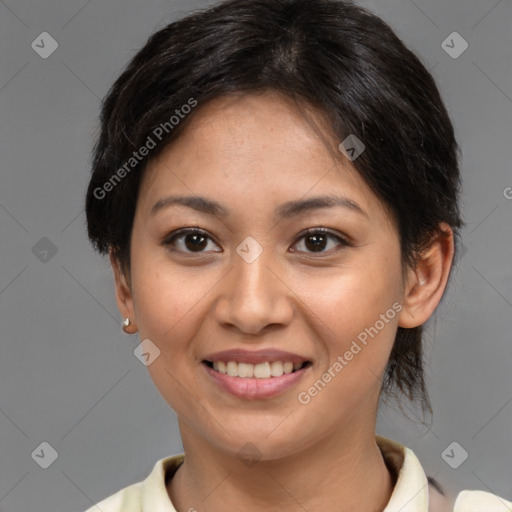 Joyful white young-adult female with medium  brown hair and brown eyes