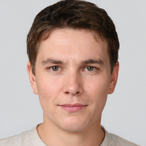 Neutral white young-adult male with short  brown hair and grey eyes