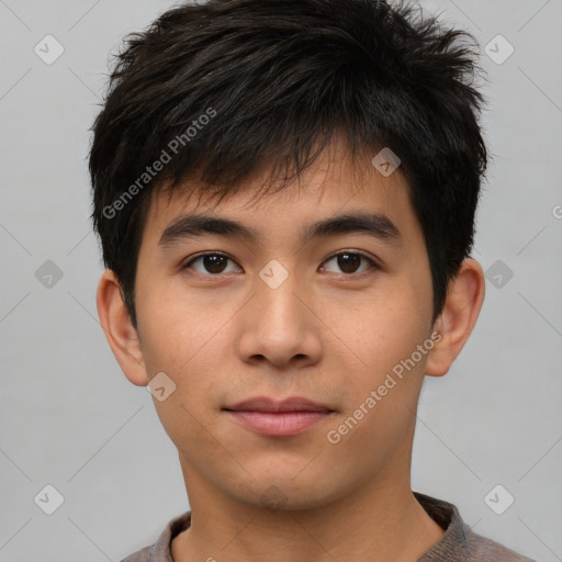 Neutral asian young-adult male with short  brown hair and brown eyes