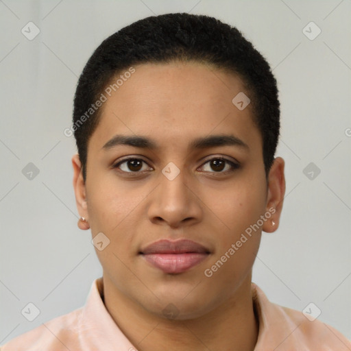 Joyful latino young-adult female with short  brown hair and brown eyes