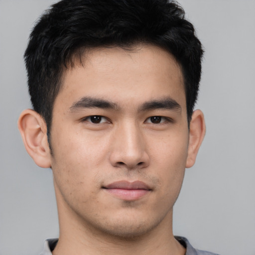 Neutral asian young-adult male with short  brown hair and brown eyes