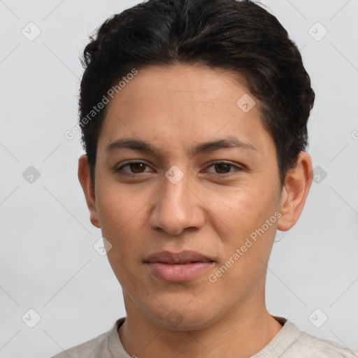 Joyful white young-adult female with short  brown hair and brown eyes