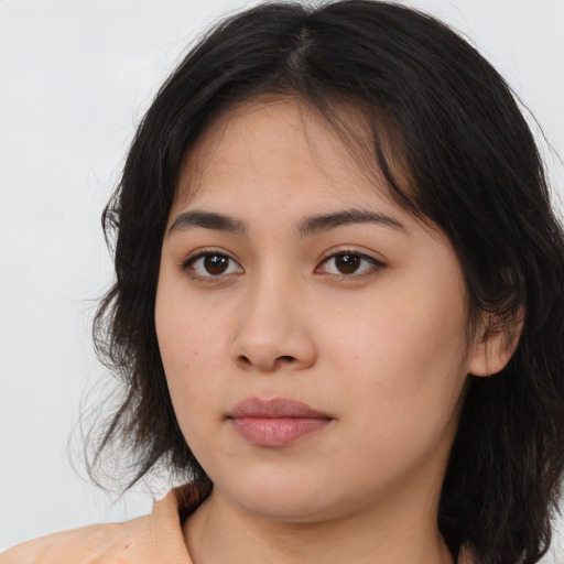 Neutral asian young-adult female with long  brown hair and brown eyes